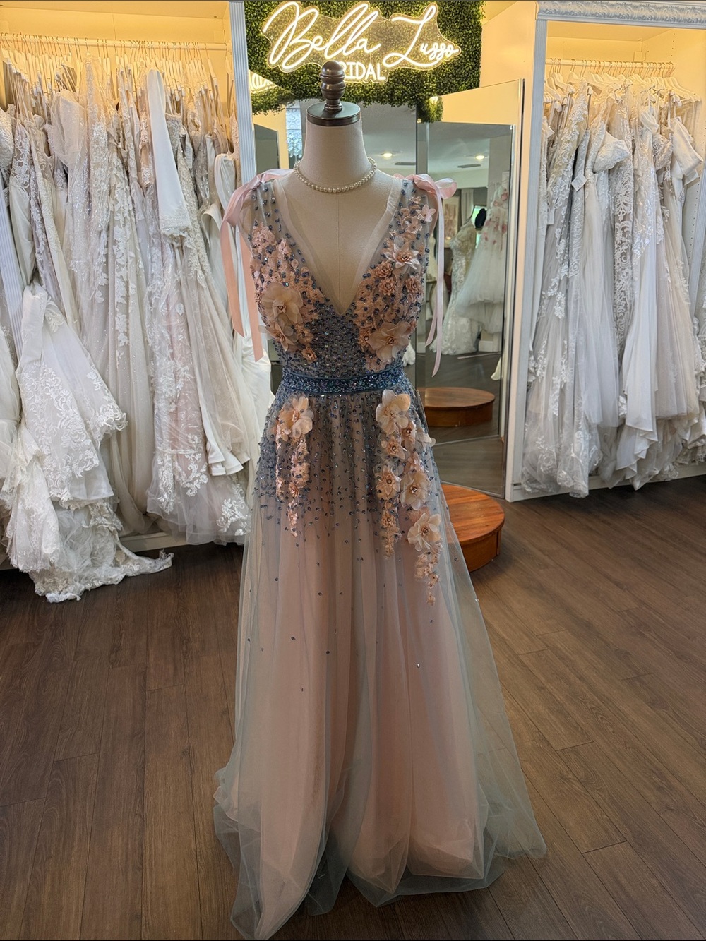 Pink & Blue Floral Appliqué Tulle Gown